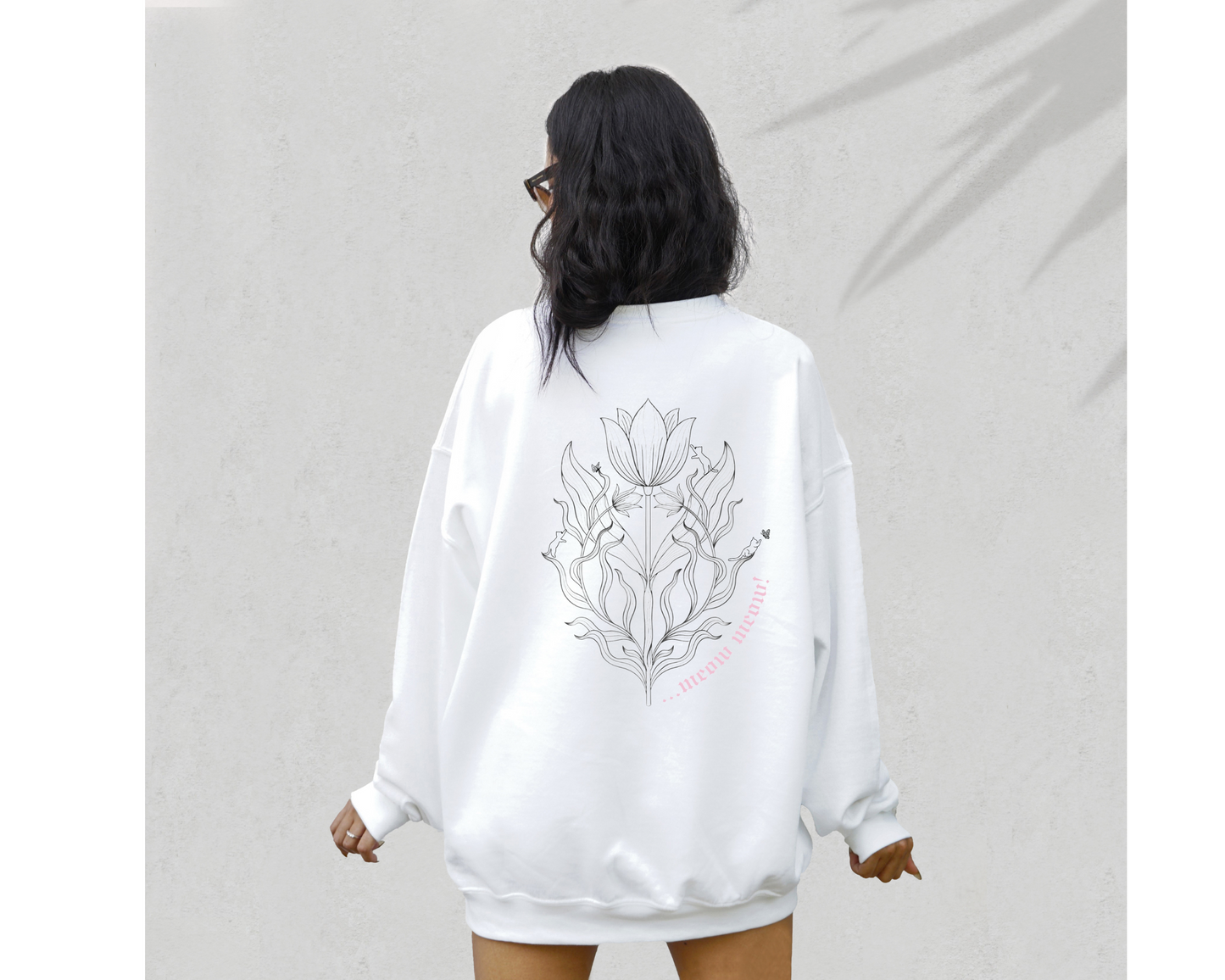 Gothic Inspired Botanical MeowMeow - Crew Sweatshirt (Polar Ice White)